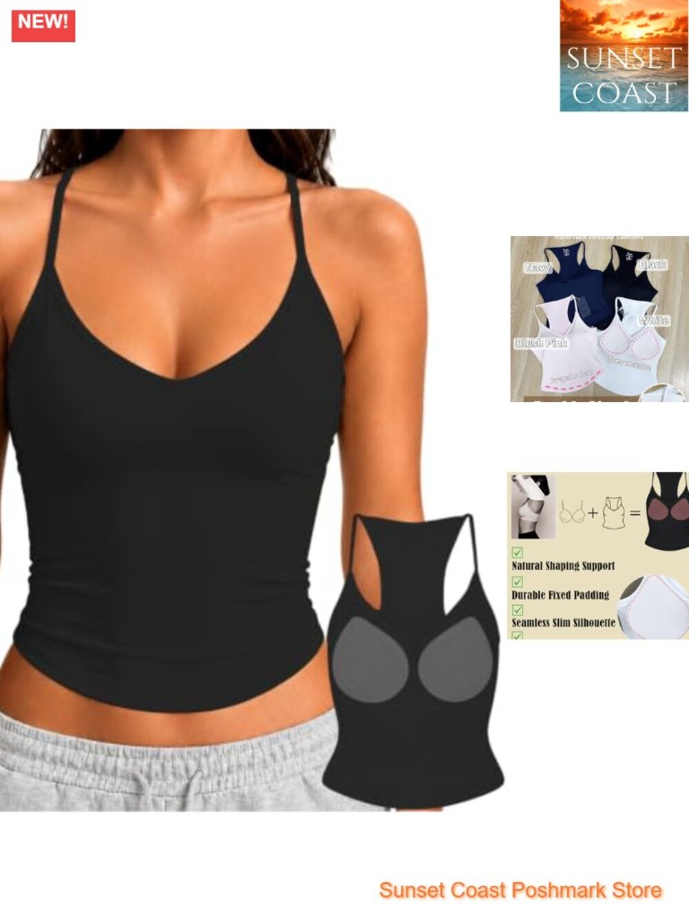 Women's Padded Racerback Tank Top Seamless V Neck Crop Camisole Asymmetric Hem